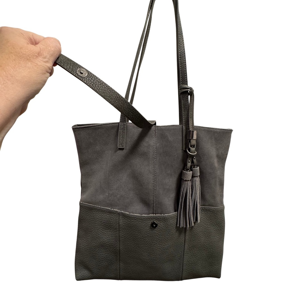 Vintage Moda Luxe Gray Leather & Suede LARGE Tote Bag Tassel Shoulder Purse - Picture 5 of 12